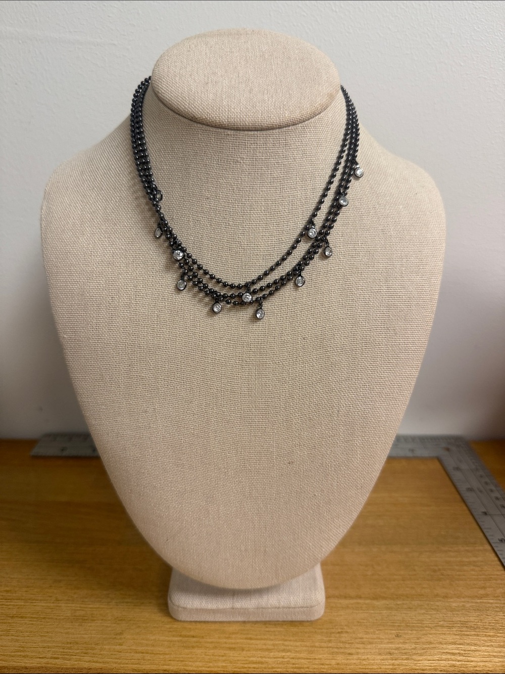 Roberta Chiarella gunmetal gray layered collar necklace with rhinestones